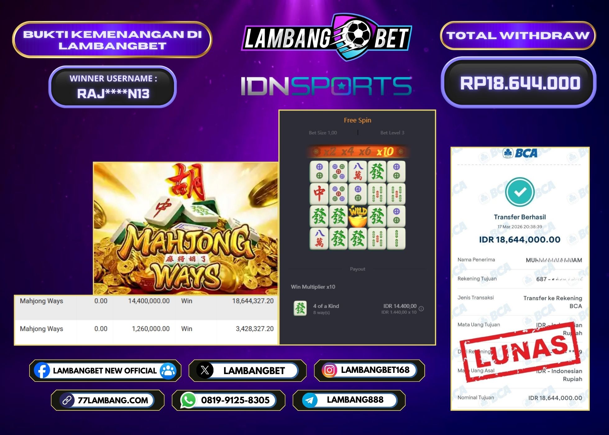 LAMBANGBET [17 MARET 2026] JACKPOT SLOT Mahjong Ways "Rp18.644.000" LUNAS